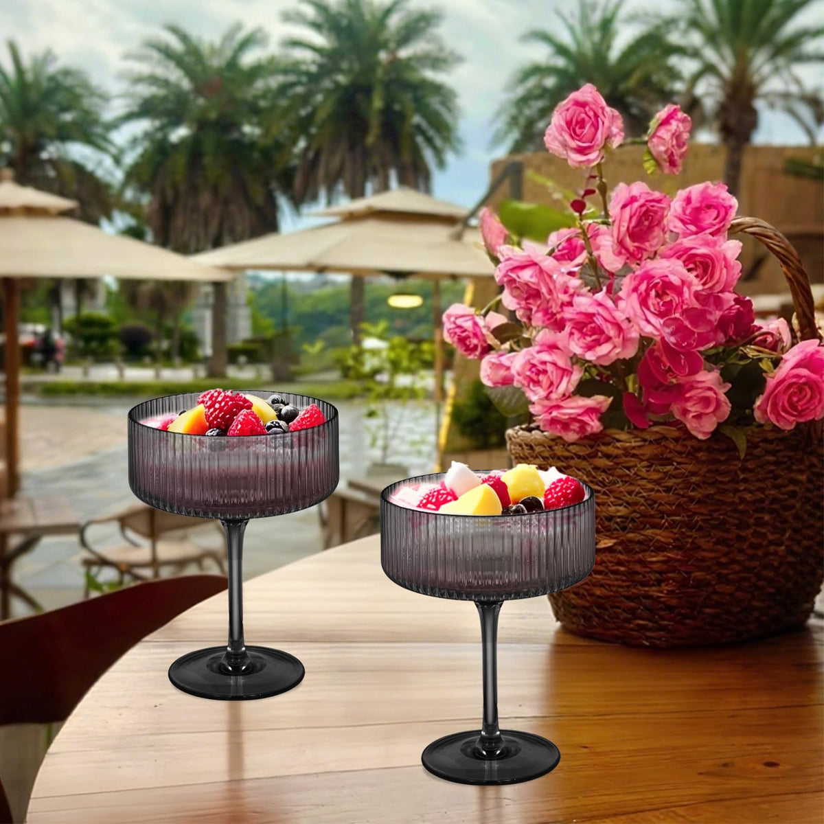 6 Pieces 10.5oz Black Ribbed Acrylic Cocktail Glasses X613