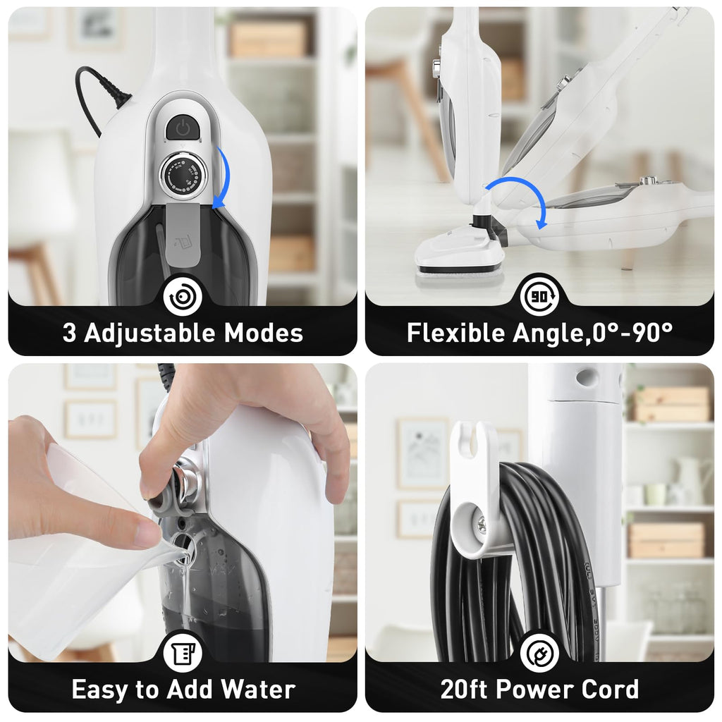 White 10-in-1 Detachable Steam Mop with 3 Microfiber Pads N704