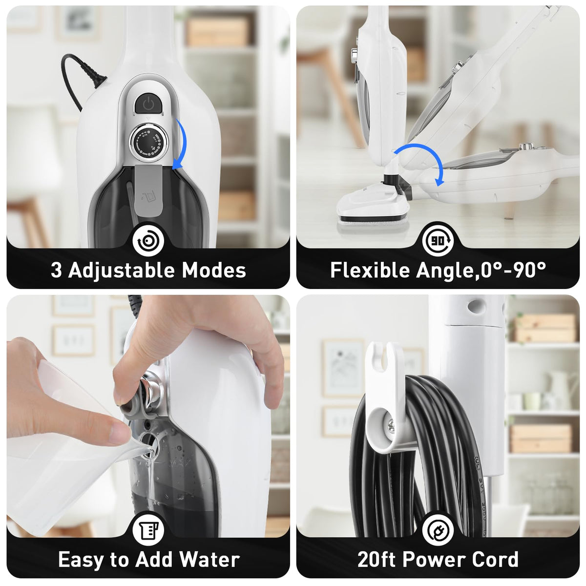 White 10-in-1 Detachable Steam Mop with 3 Microfiber Pads N704