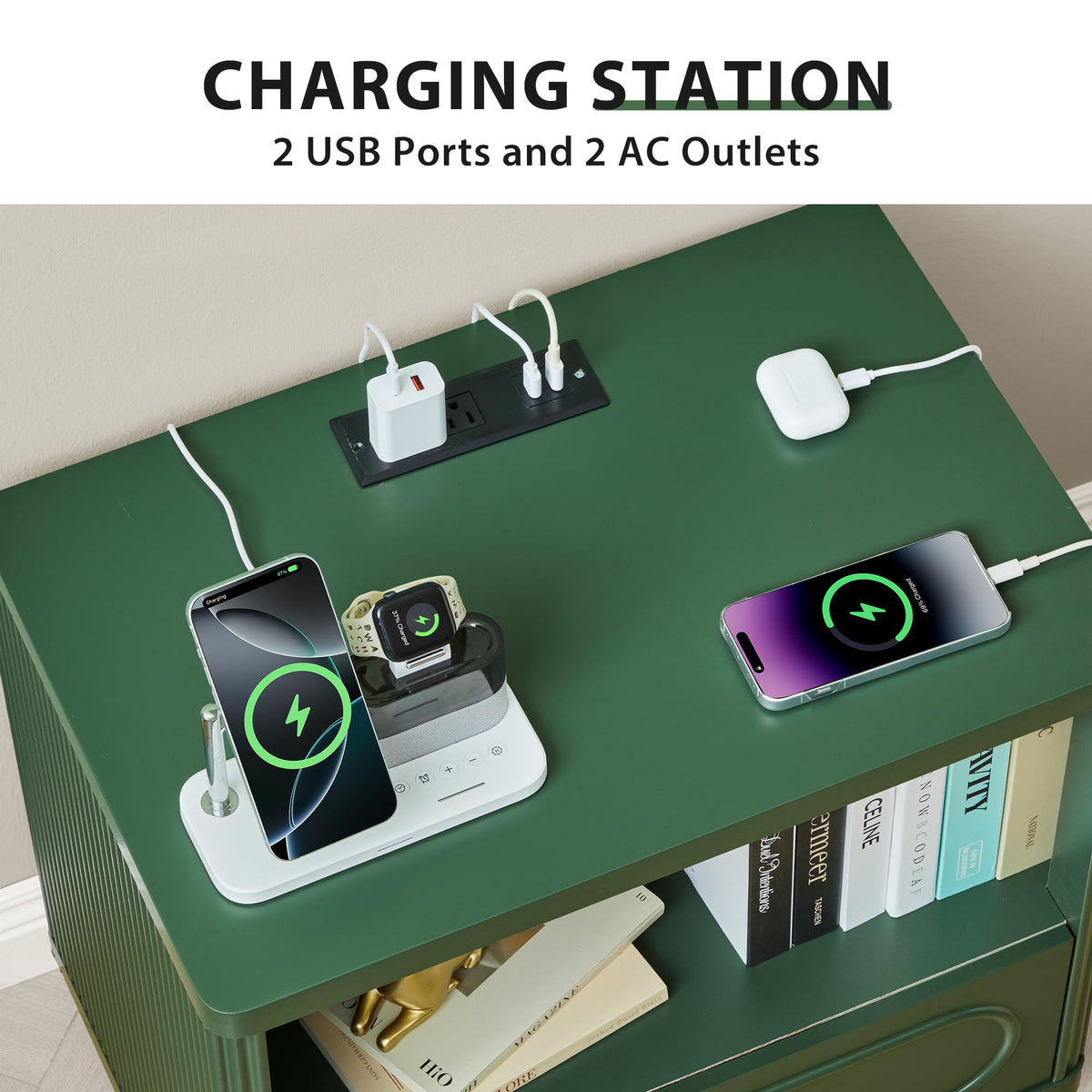 Green Fluted Nightstand Set of 2 with Charging Station X6259