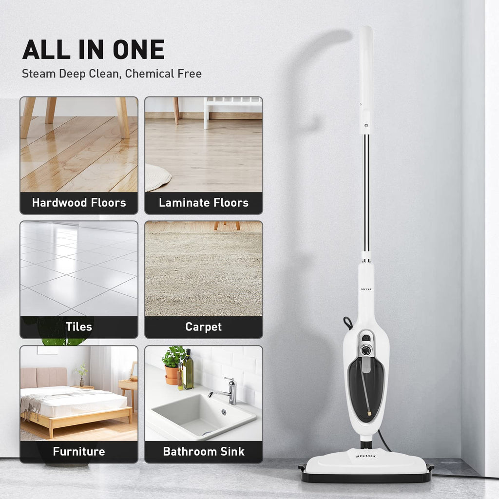 White 10-in-1 Detachable Steam Mop with 3 Microfiber Pads N704