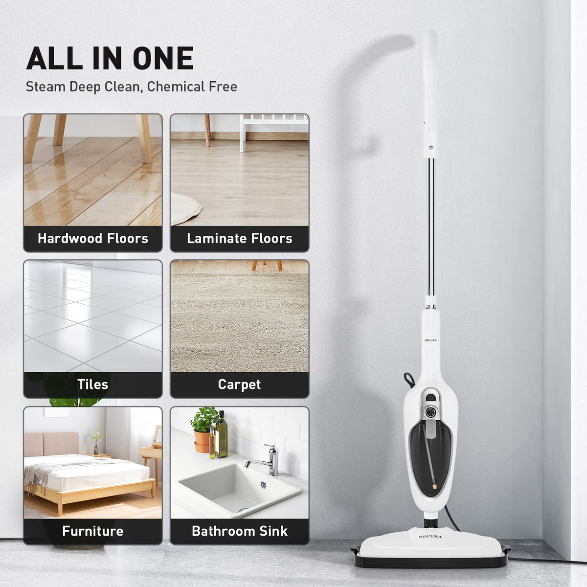 White 10-in-1 Detachable Steam Mop with 3 Microfiber Pads N704