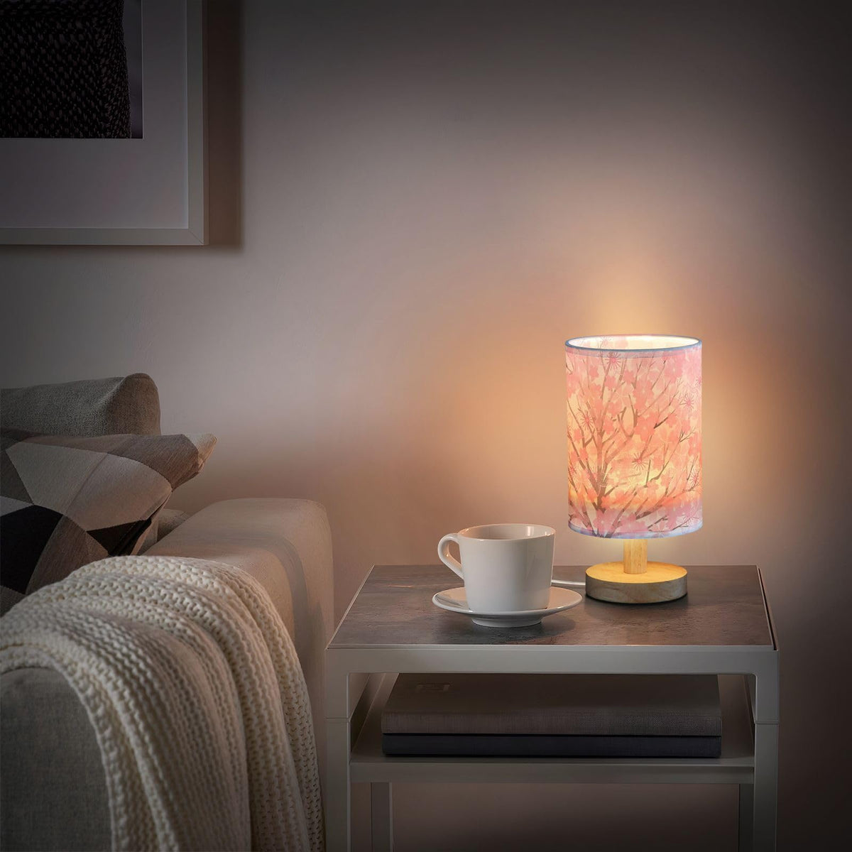 Pink Cherry Blossom Table Lamp with Wood Base Fabric Shade F93817