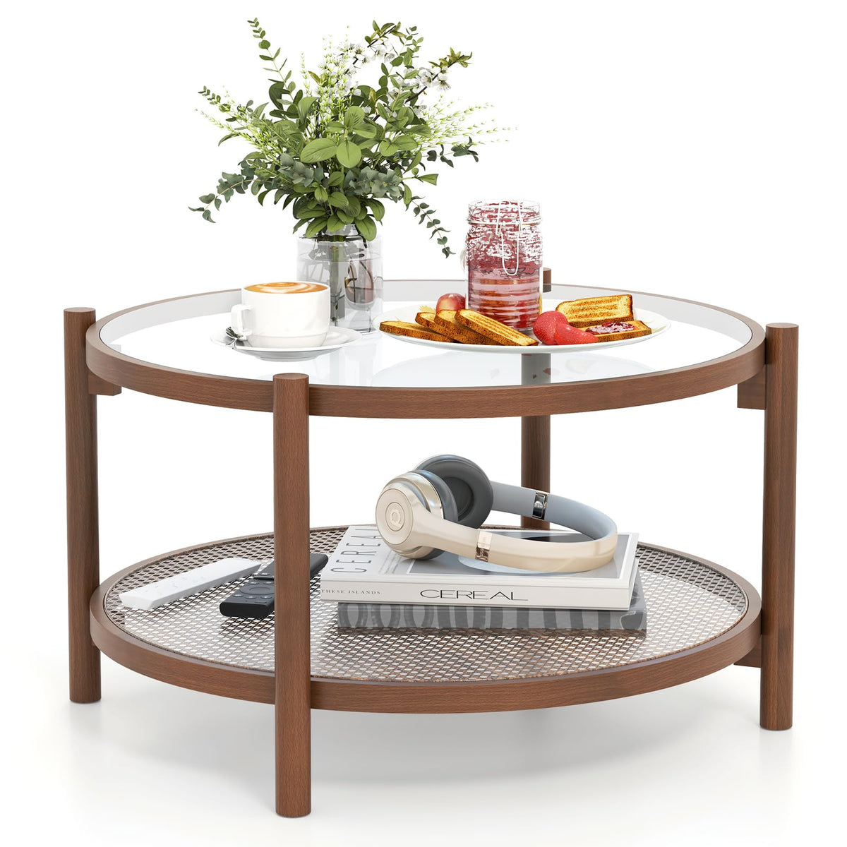 Rattan Round Glass Coffee Table with Storage Shelf U184