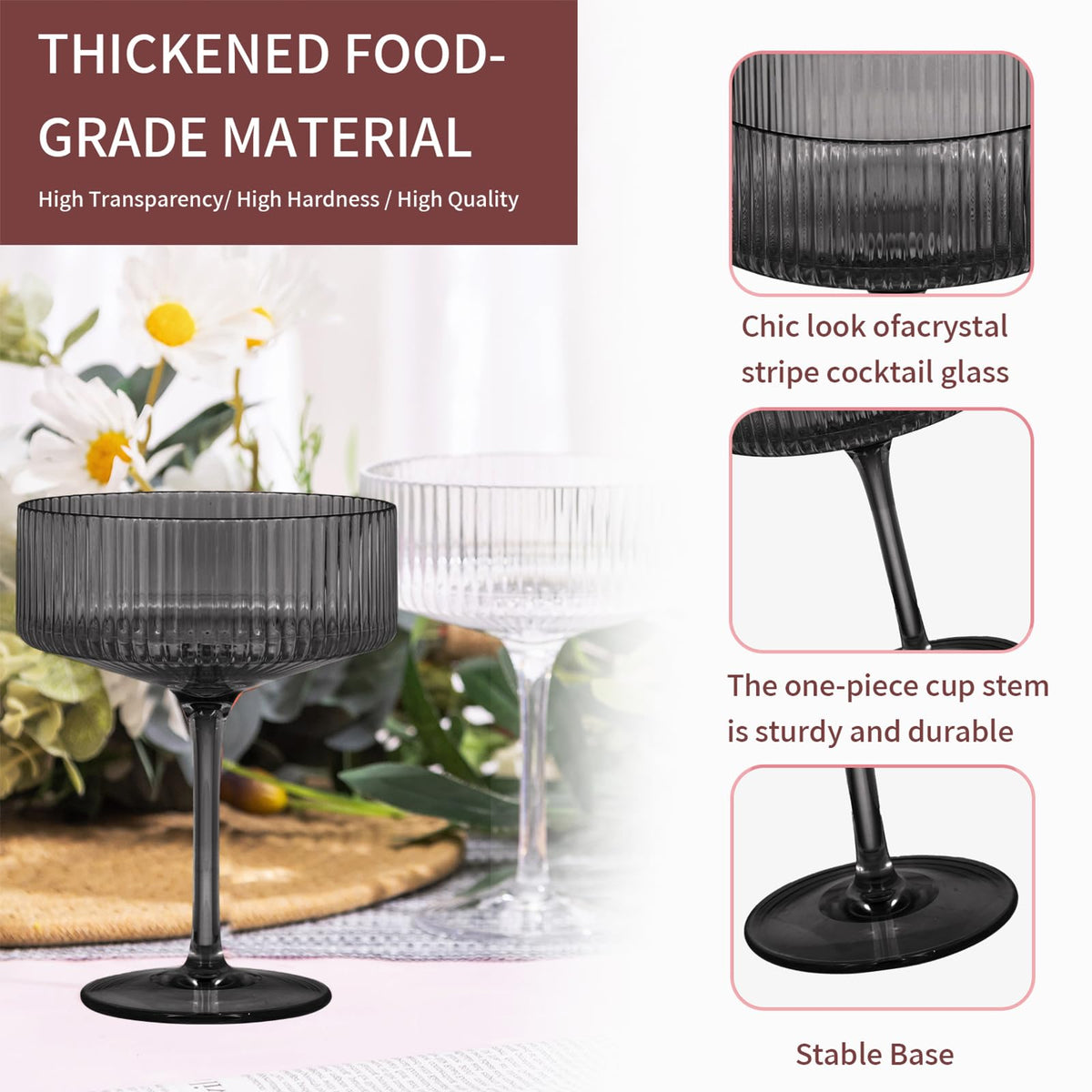 6 Pieces 10.5oz Black Ribbed Acrylic Cocktail Glasses X613