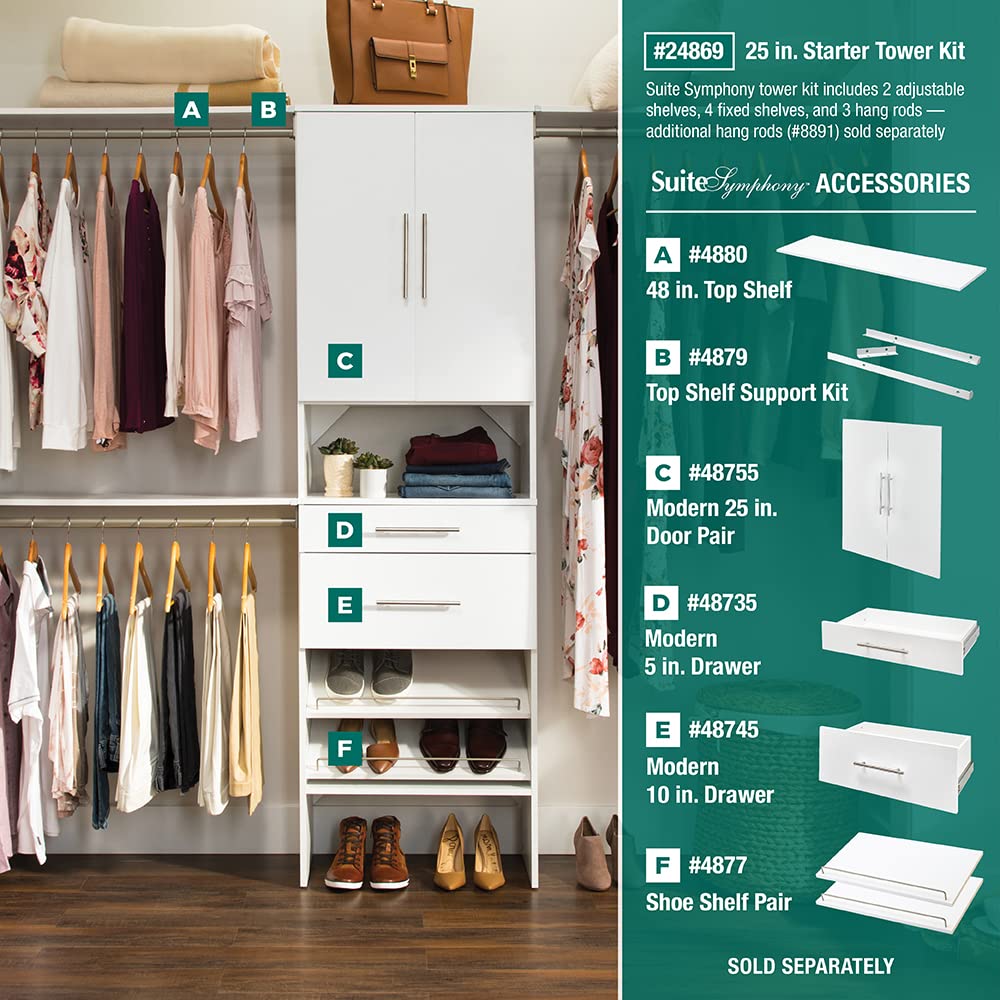 Wood Closet Organizer System with Tower and 3 Hang Rods and Shelving K480