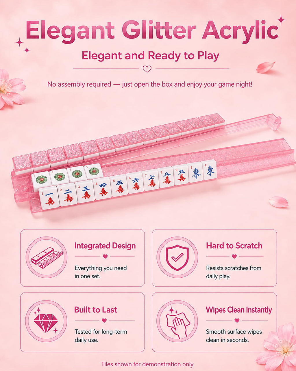 Pink Glitter Acrylic Mahjong Racks with Pushers Set of 4 C42829