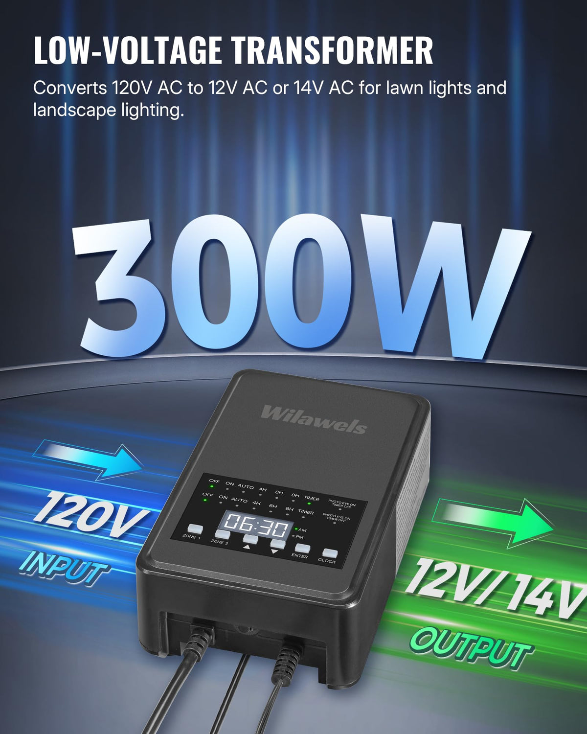 300W Low Voltage Landscape Transformer with Timer & Photocell Sensor K26289