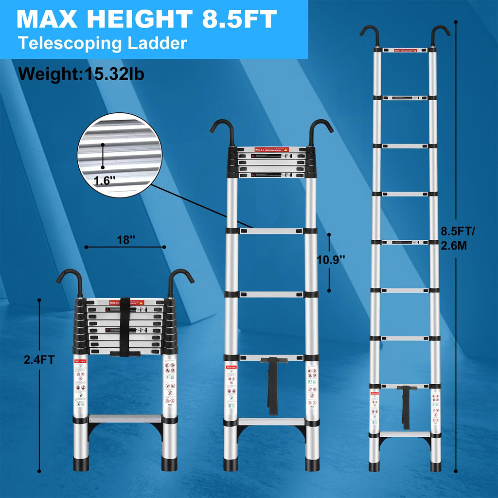Telescoping Ladder with Hooks, 8.5 FT, 330 lb Capacity Y575668