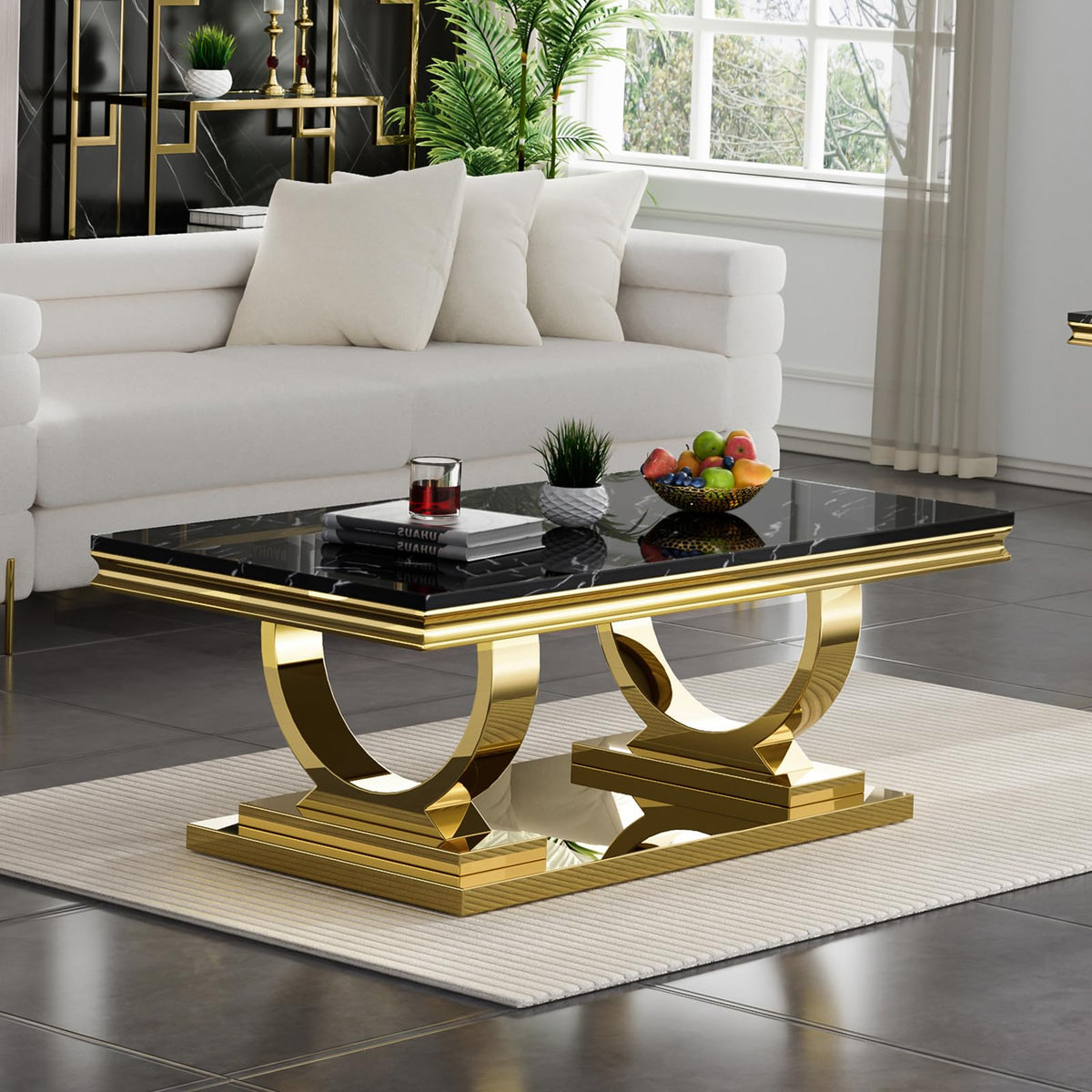 47" Black Faux Marble Coffee Table with Gold Pedestal Base S643