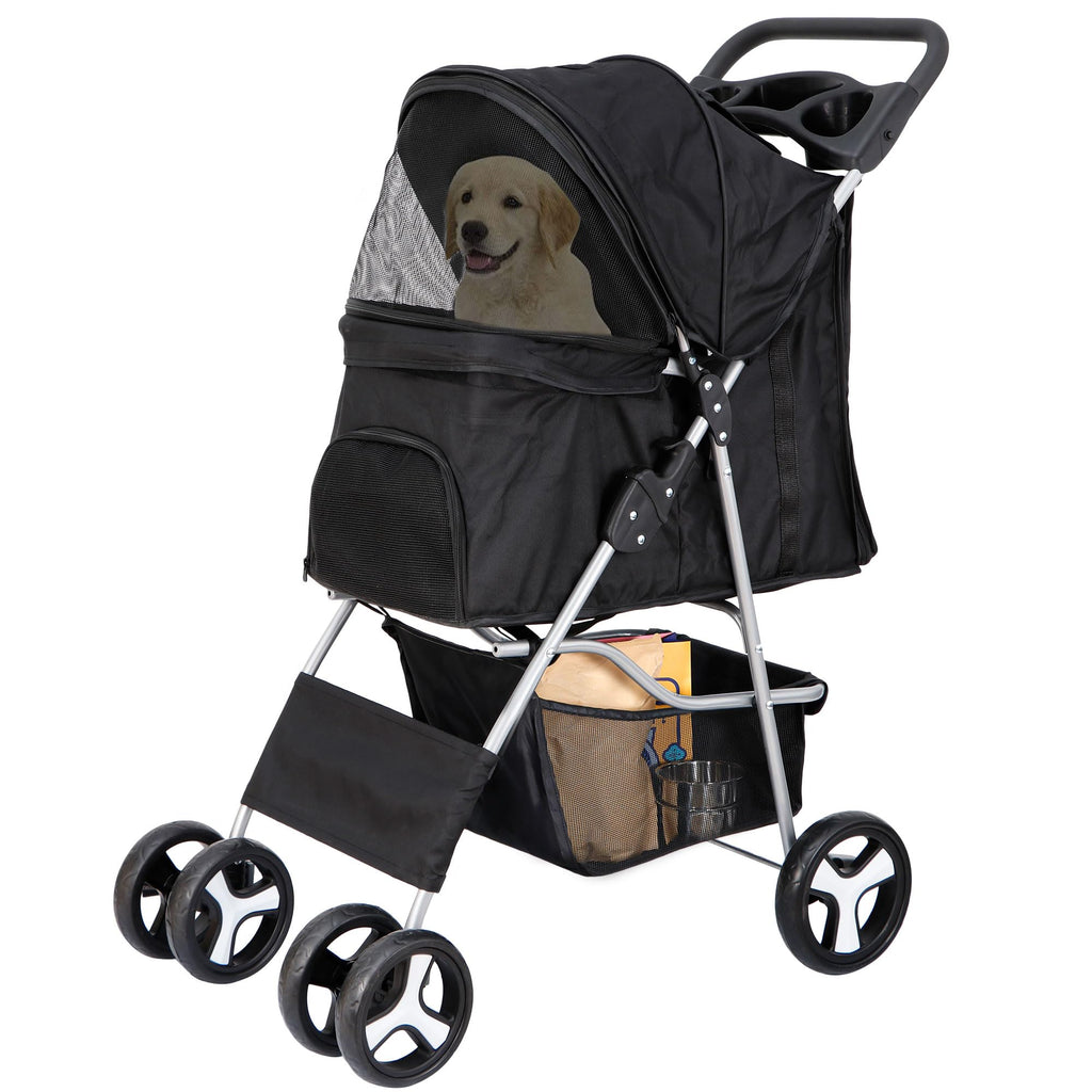 4 Wheels Foldable Pet Stroller with Storage Basket and Cup Holder R950032
