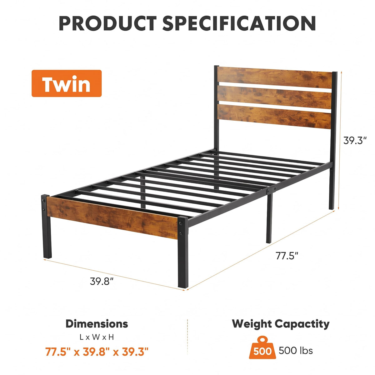 Twin Platform Bed Frame with Wooden Headboard and Footboard B2479