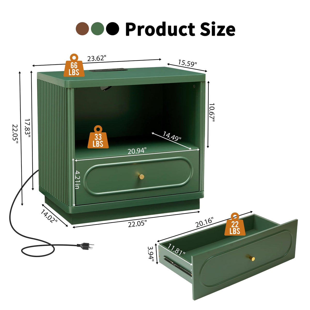 Green Fluted Nightstand Set of 2 with Charging Station X6259