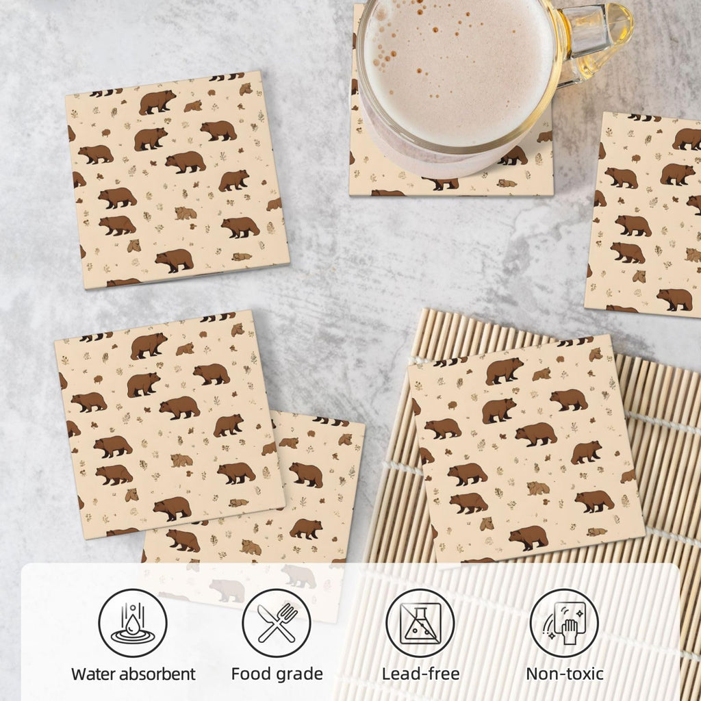 Square Cartoon Bear Ceramic Coasters Set of 6 J4155