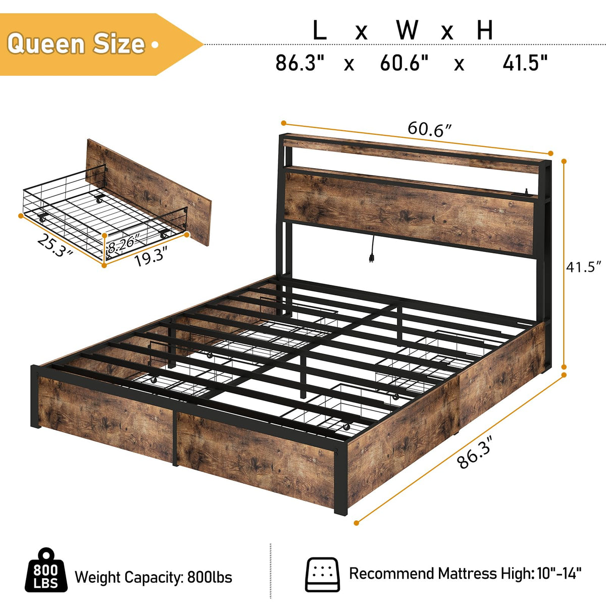 Queen Size Bed Frame with 4 Storage Drawers W13662