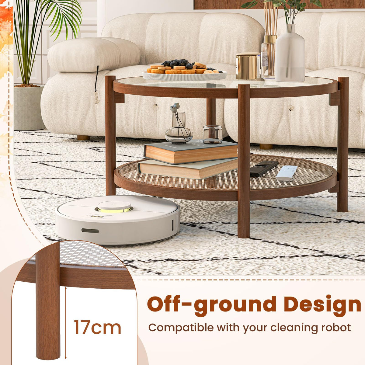 Rattan Round Glass Coffee Table with Storage Shelf U184