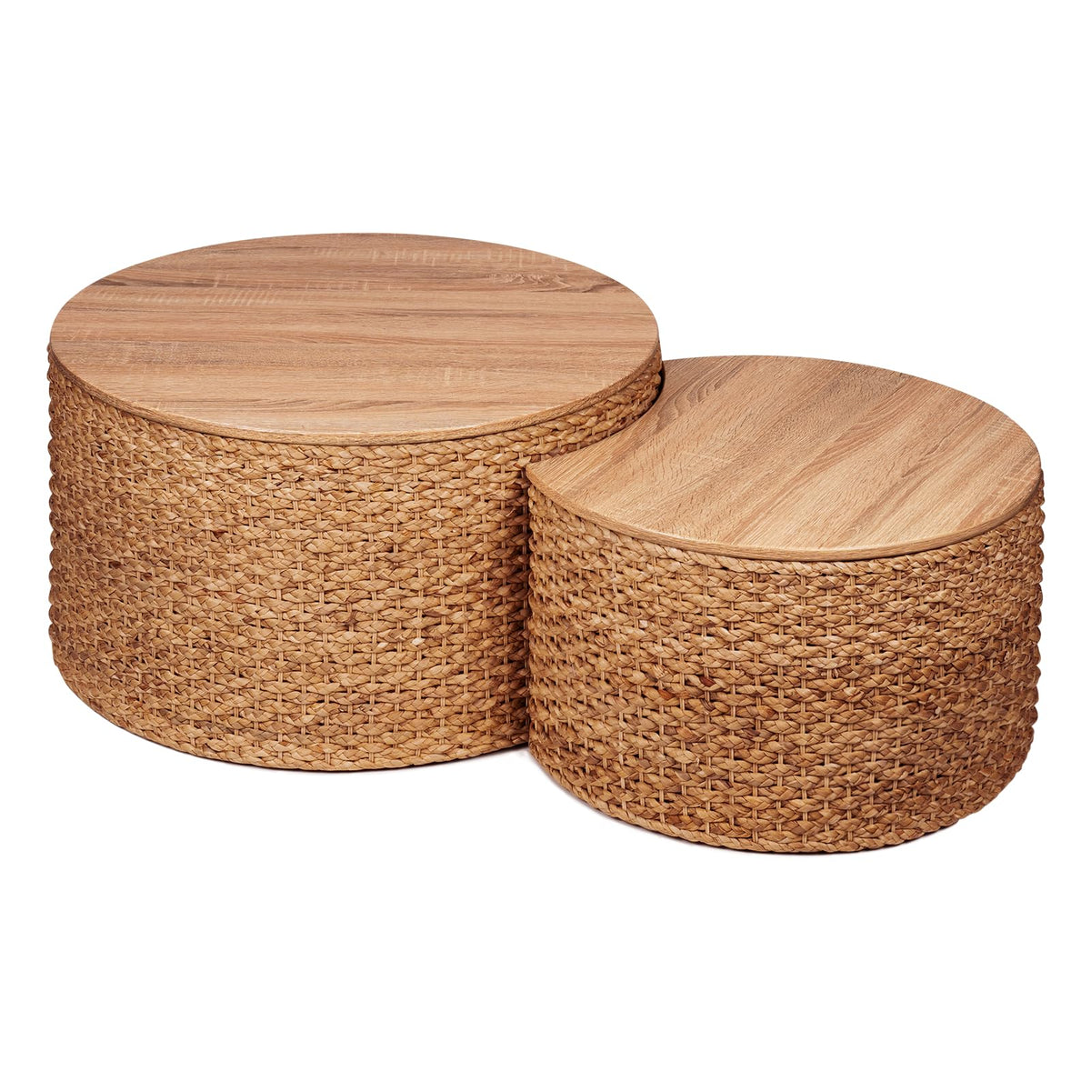 Round Nesting Coffee Table Set of 2 with Storage Wicker Rattan Wood Frame V8972