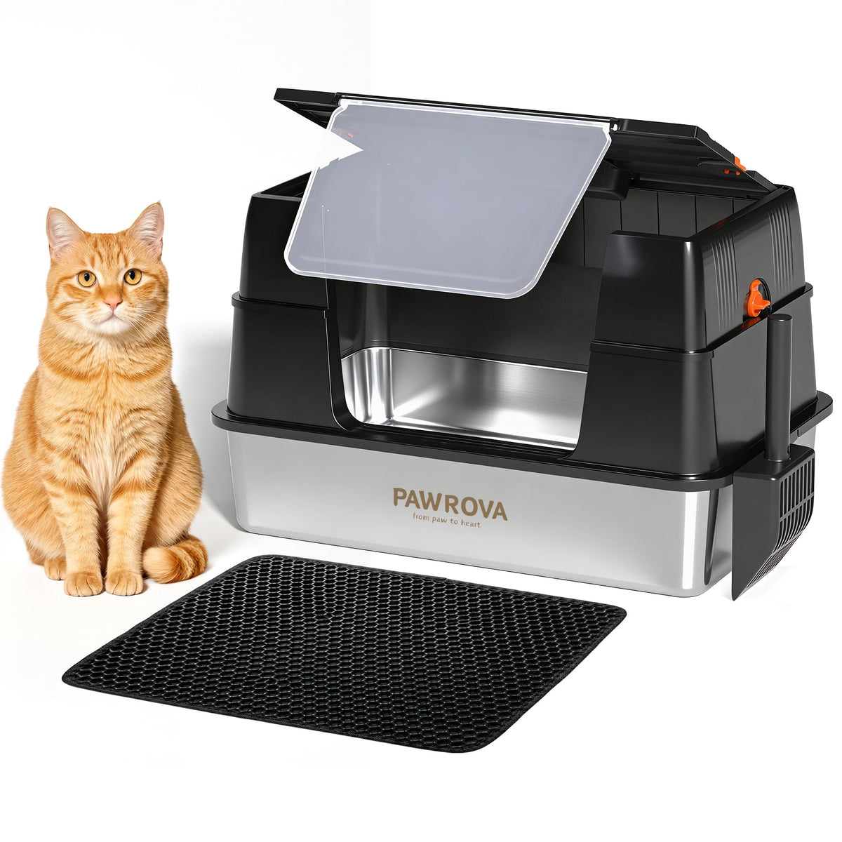 XL Stainless Steel Enclosed Cat Litter Box with Flip-Up Lid Q703