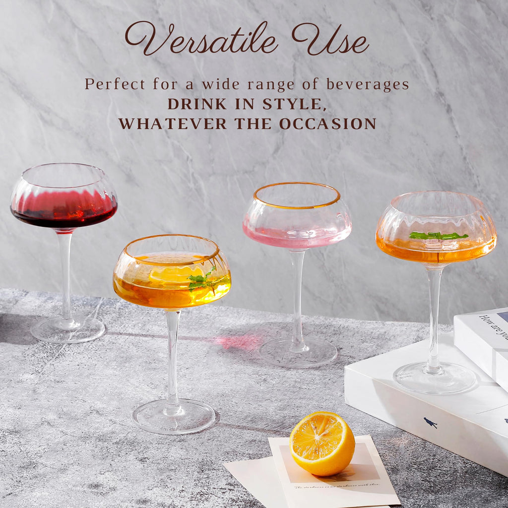 Coupe Glasses Set of 4 Hand Blown 8.45 oz Gold Rim L79495