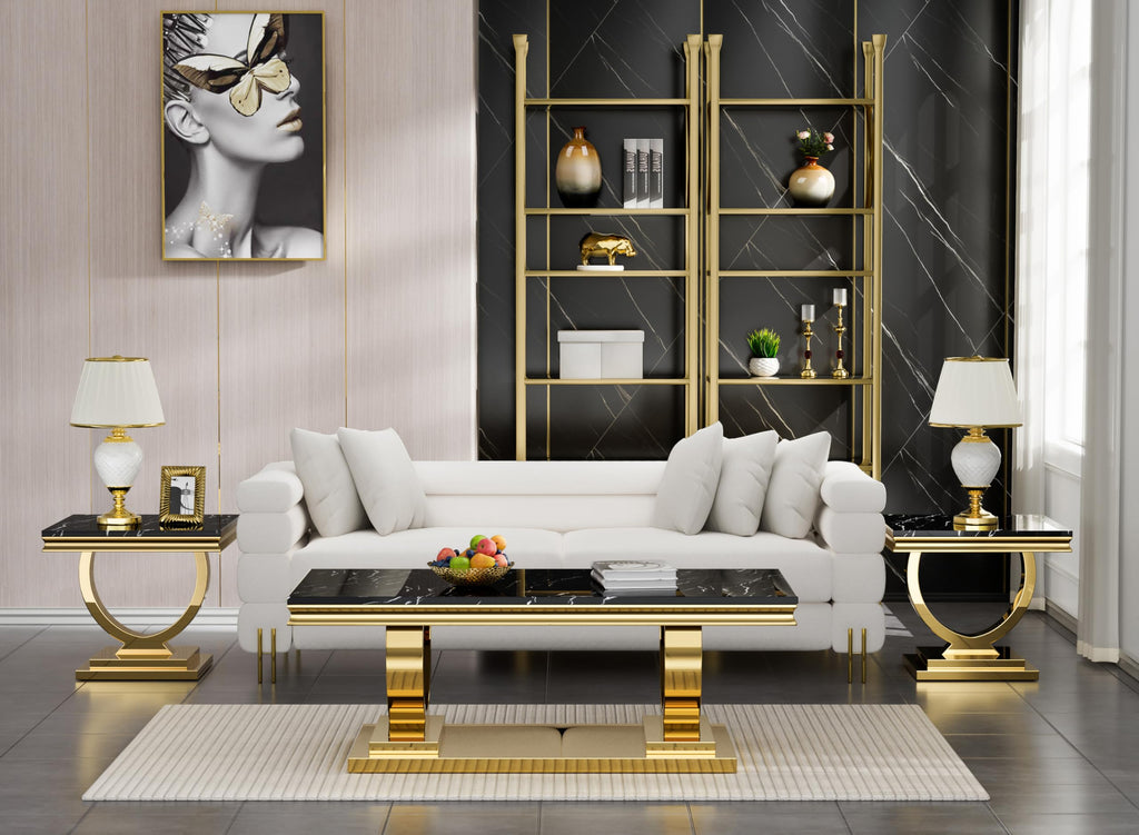 47" Black Faux Marble Coffee Table with Gold Pedestal Base S643