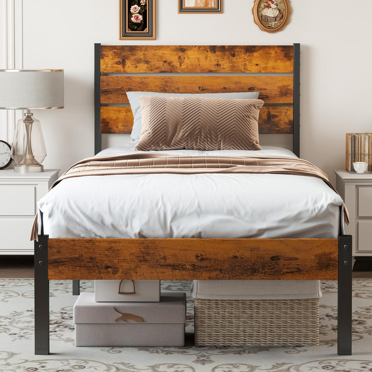 Twin Platform Bed Frame with Wooden Headboard and Footboard B2479