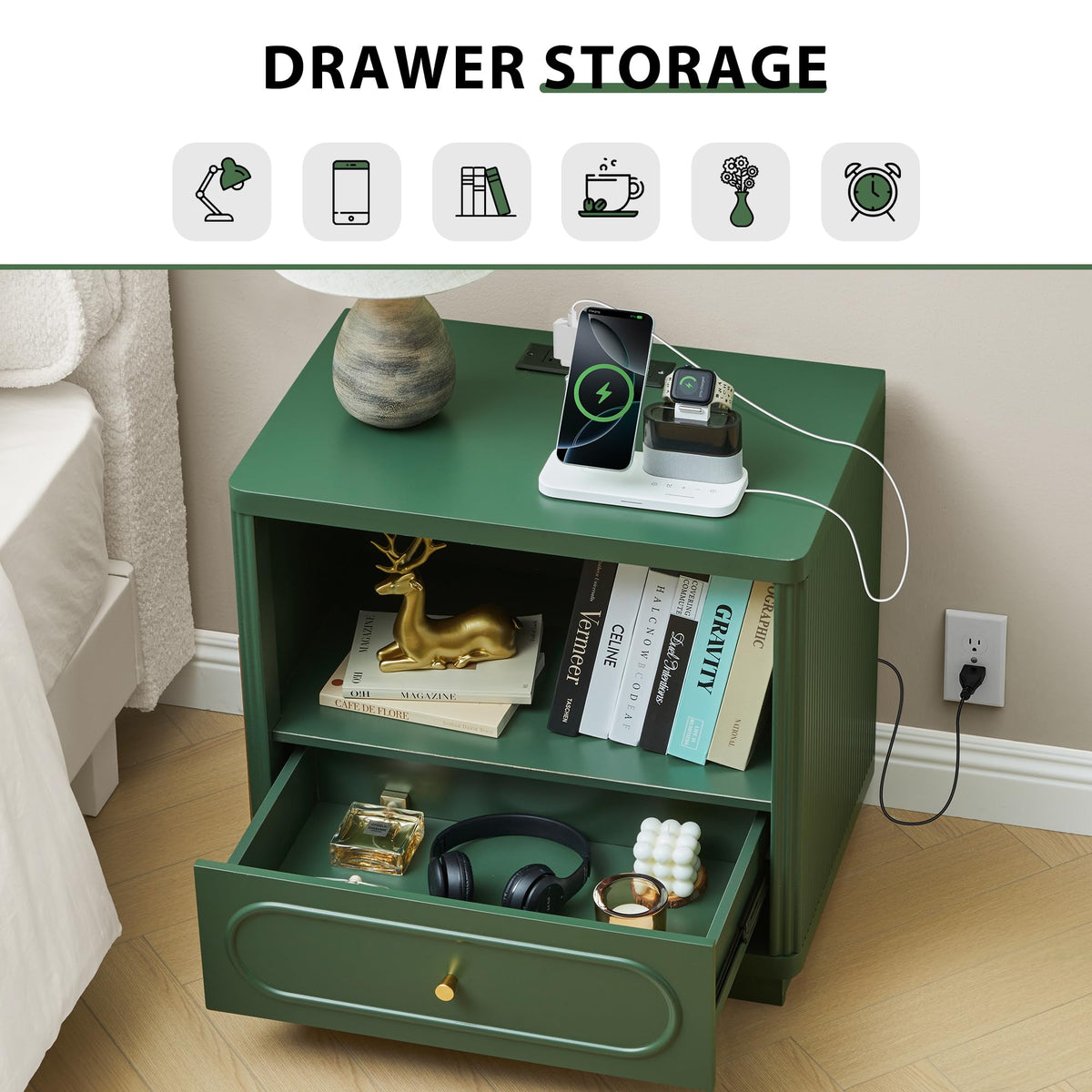 Green Fluted Nightstand Set of 2 with Charging Station X6259