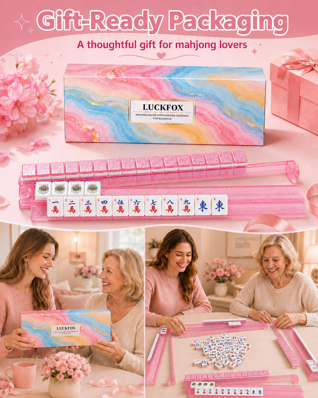 Pink Glitter Acrylic Mahjong Racks with Pushers Set of 4 C42829