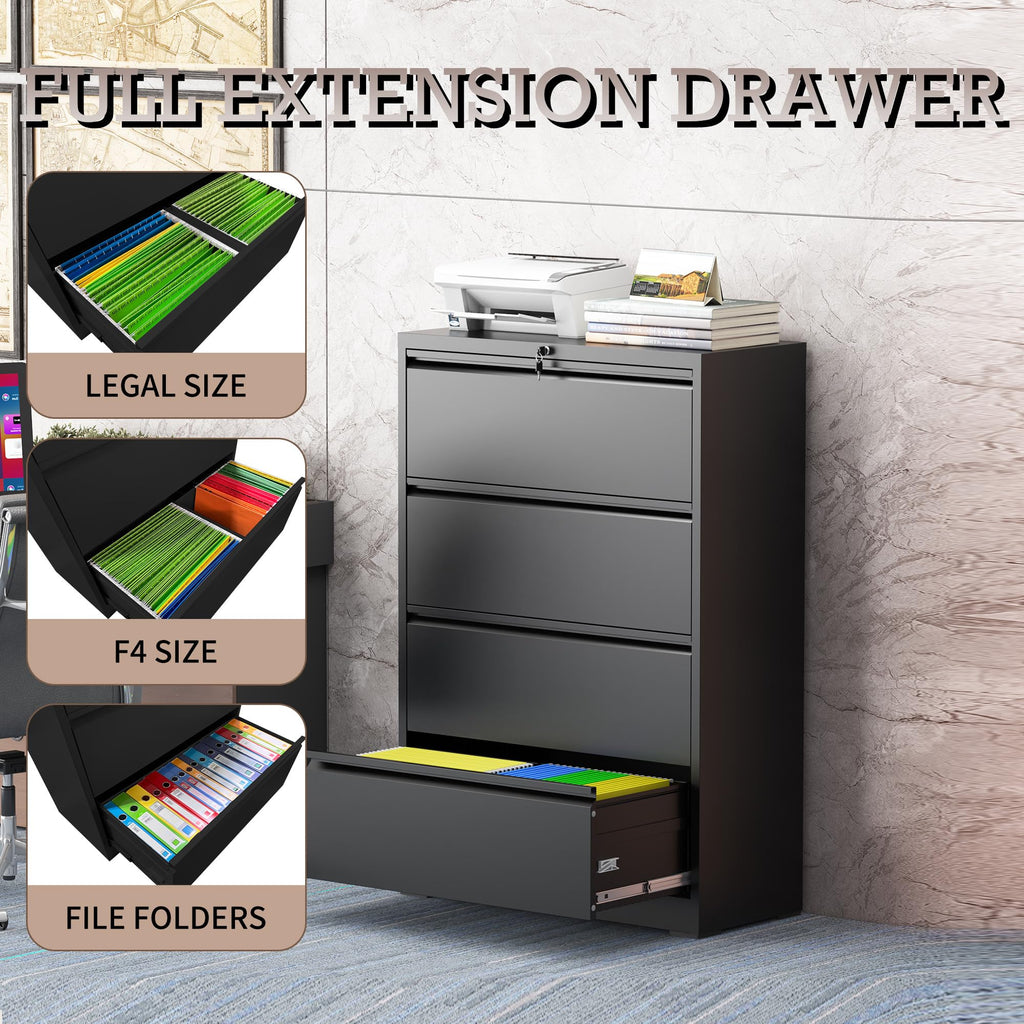 Black 4 Drawer Lateral File Cabinet with Lock C899