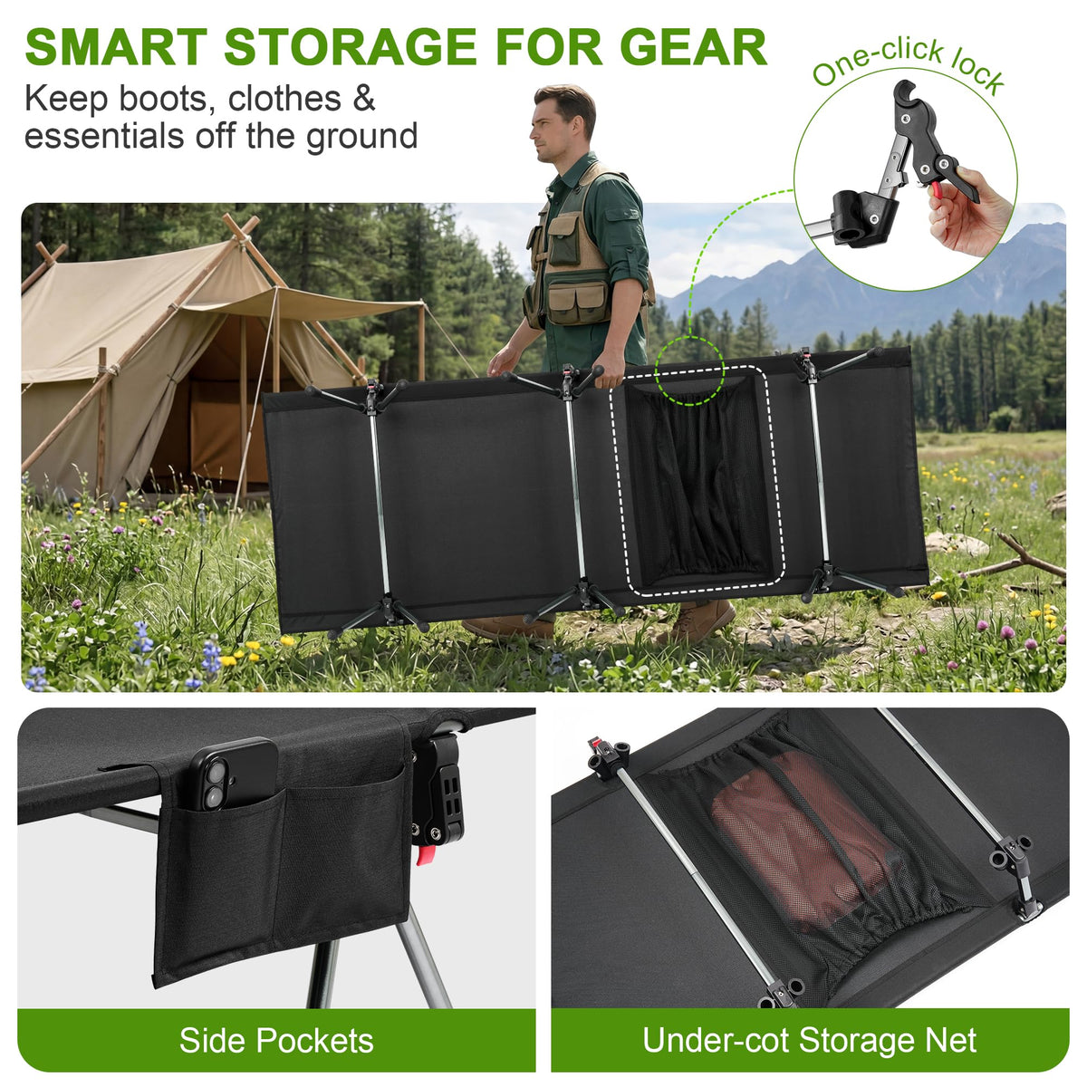 Height Adjustable Black Camping Cot O353920