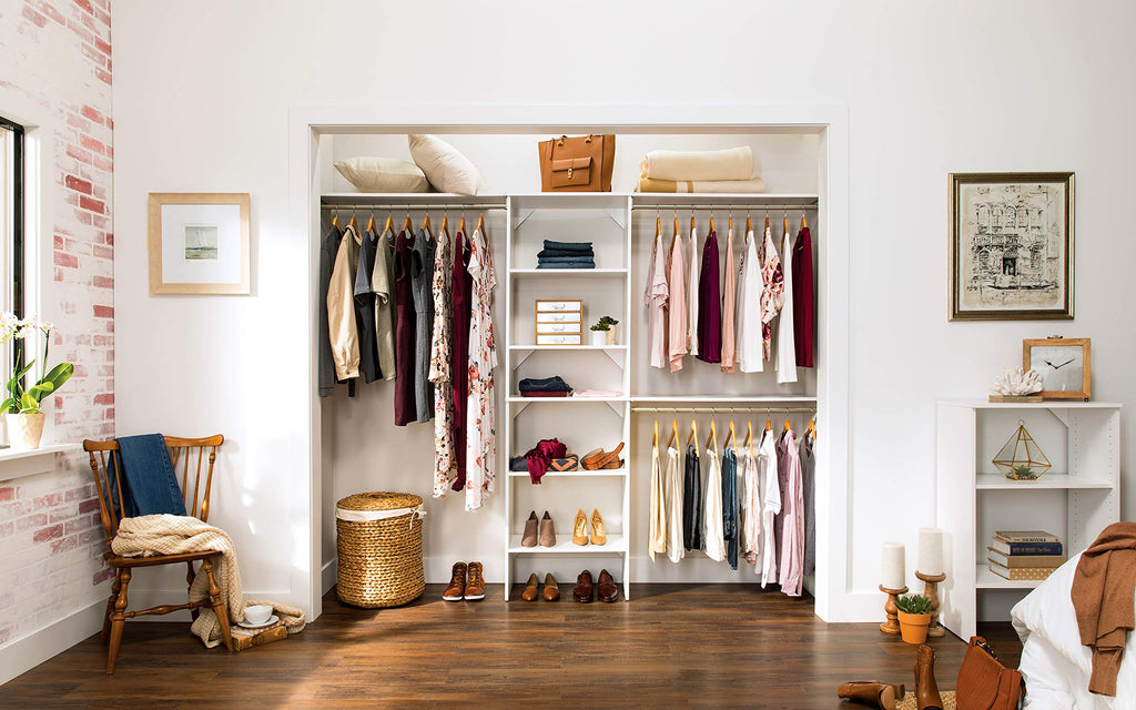 Wood Closet Organizer System with Tower and 3 Hang Rods and Shelving K480