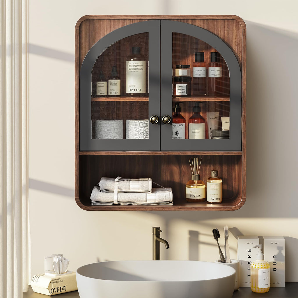 Wall Mount Bathroom Cabinet with Arched Glass Doors O8957