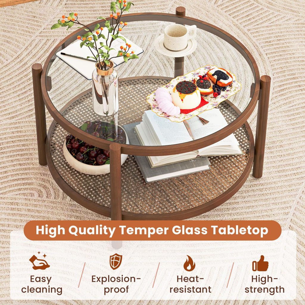 Rattan Round Glass Coffee Table with Storage Shelf U184