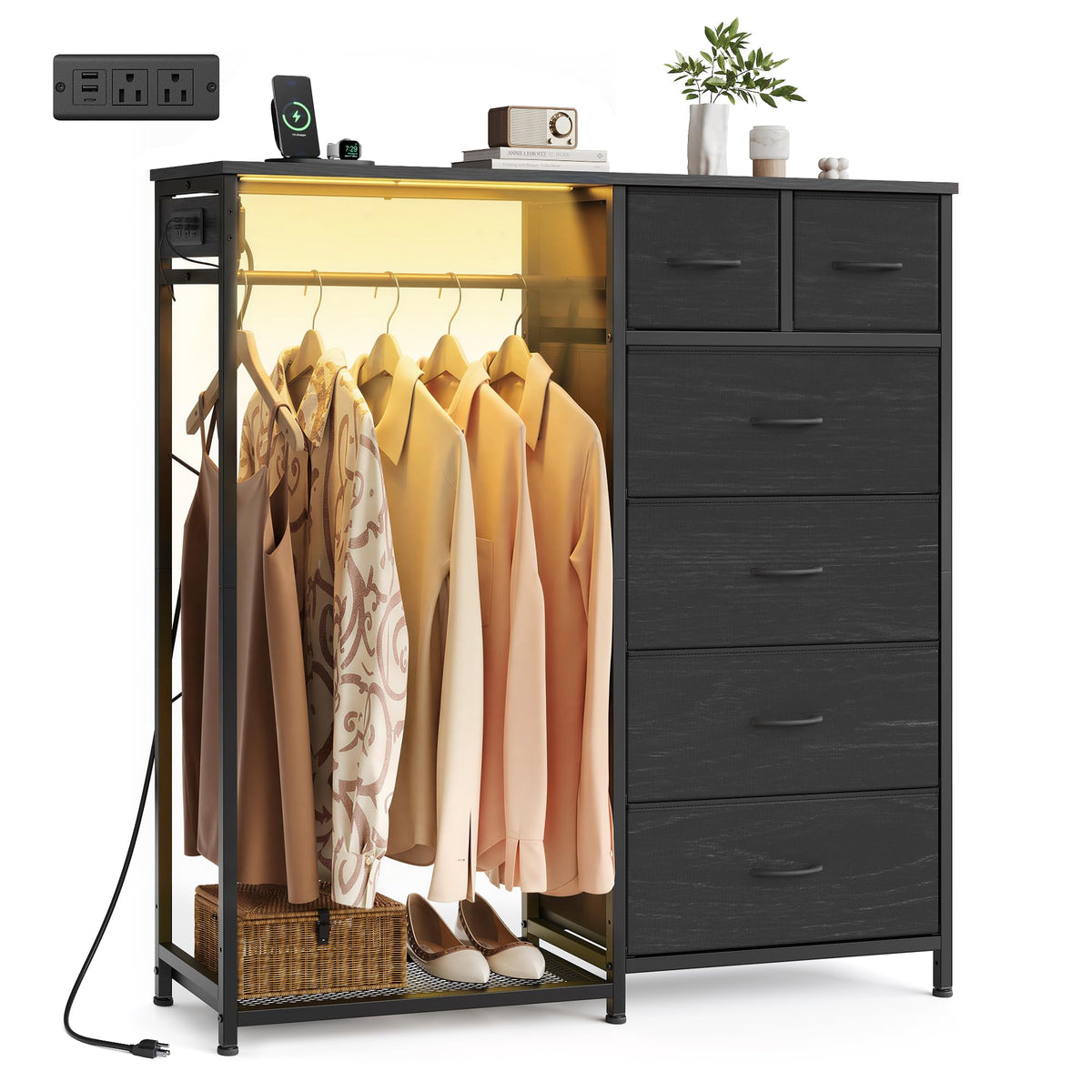 Dresser with Hanging Rod, Closet Organizer with 6 Fabric Drawers O83360