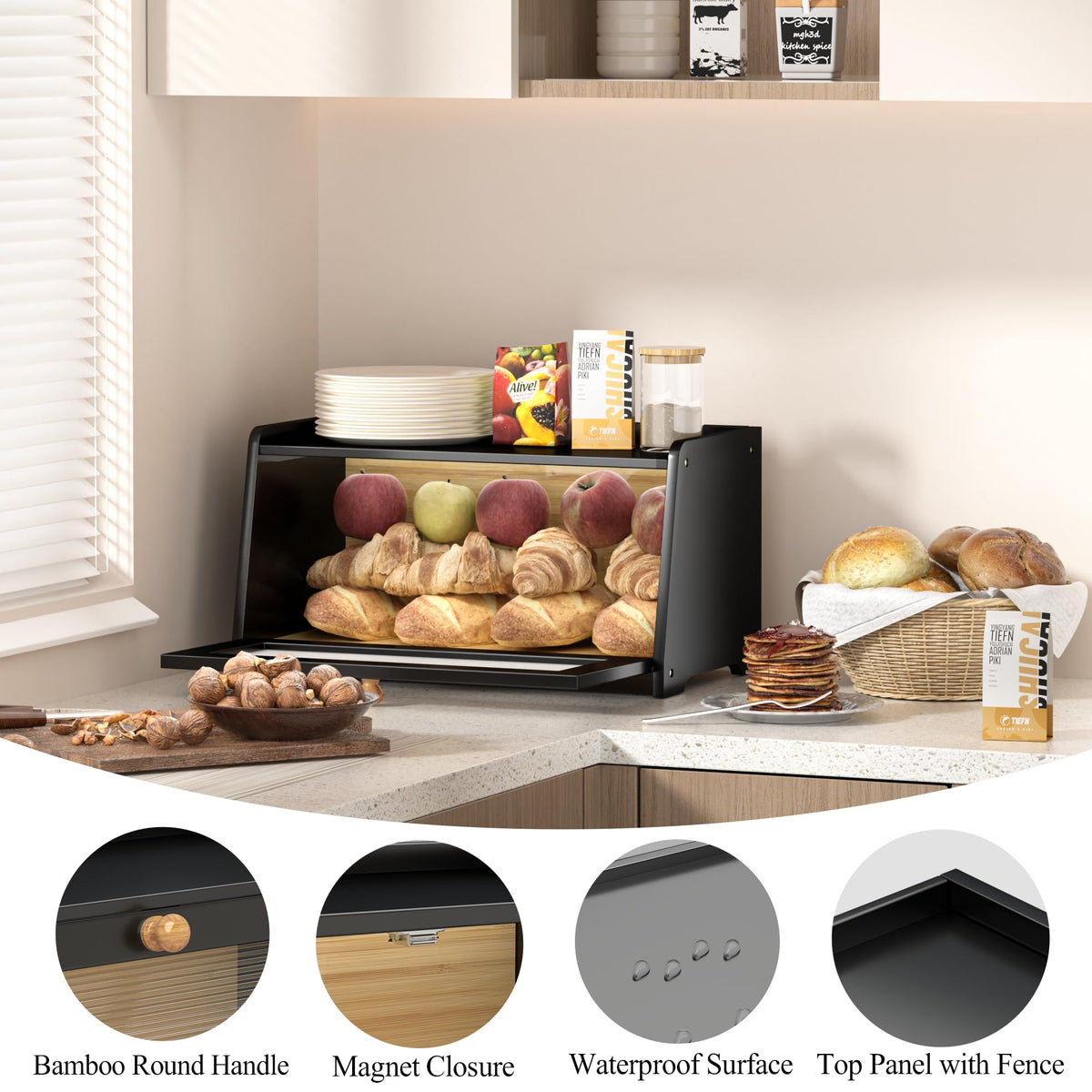 Black Wooden Bread Box W340824
