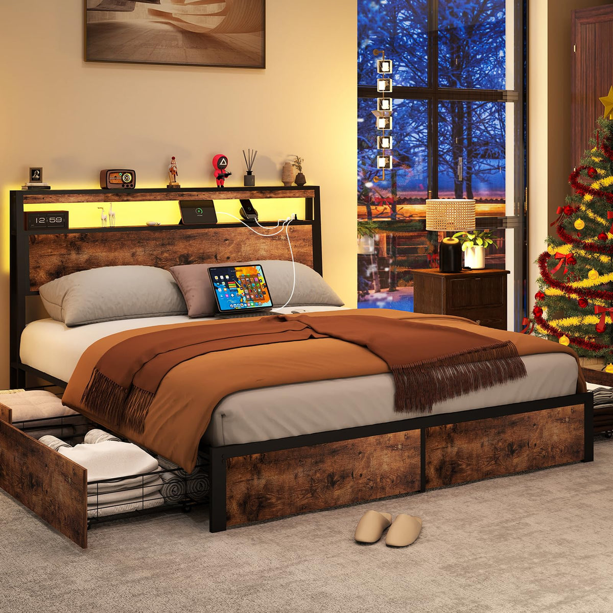 Queen Size Bed Frame with 4 Storage Drawers W13662