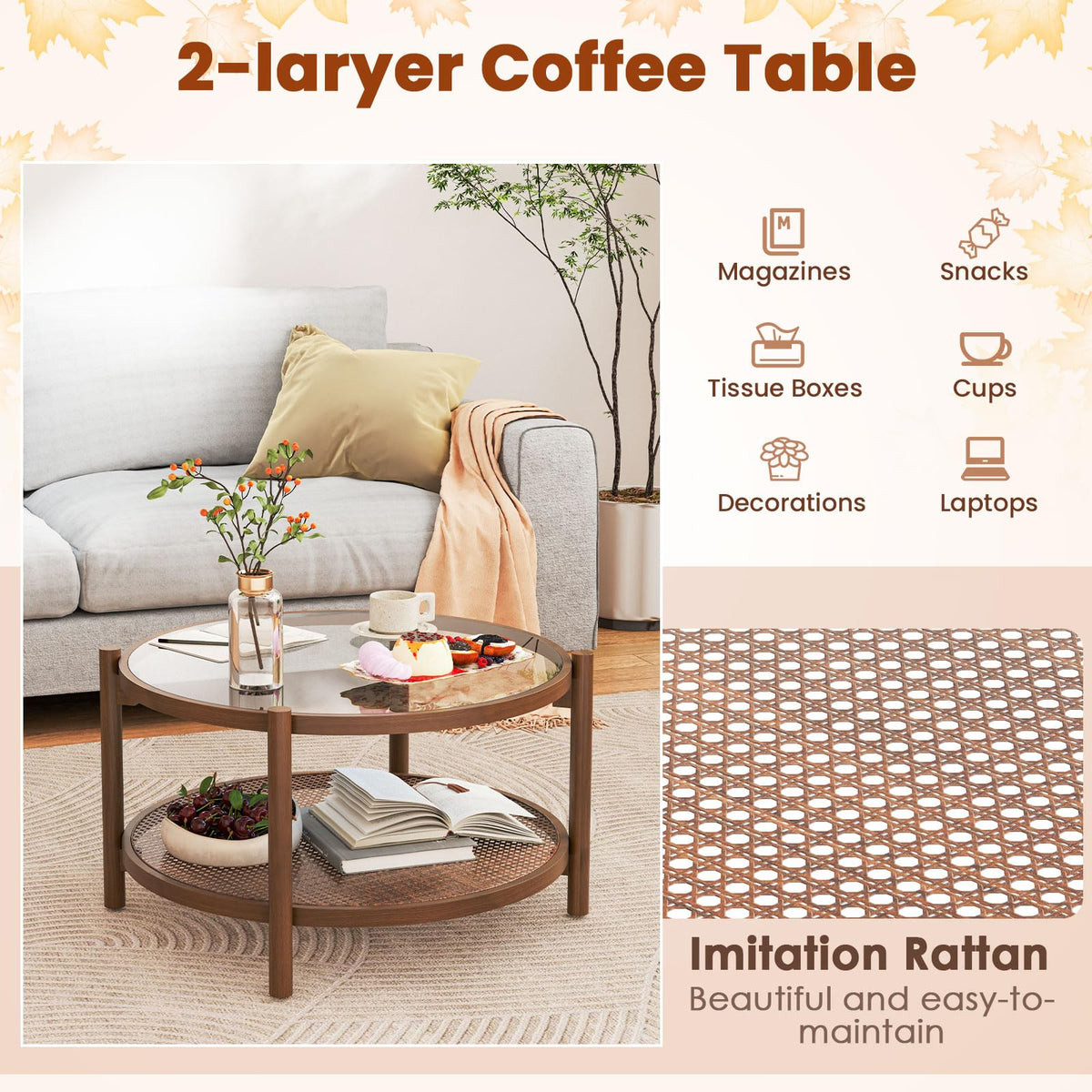 Rattan Round Glass Coffee Table with Storage Shelf U184
