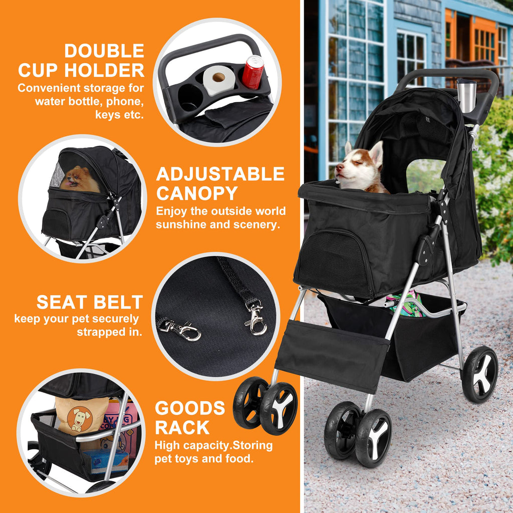 4 Wheels Foldable Pet Stroller with Storage Basket and Cup Holder R950032