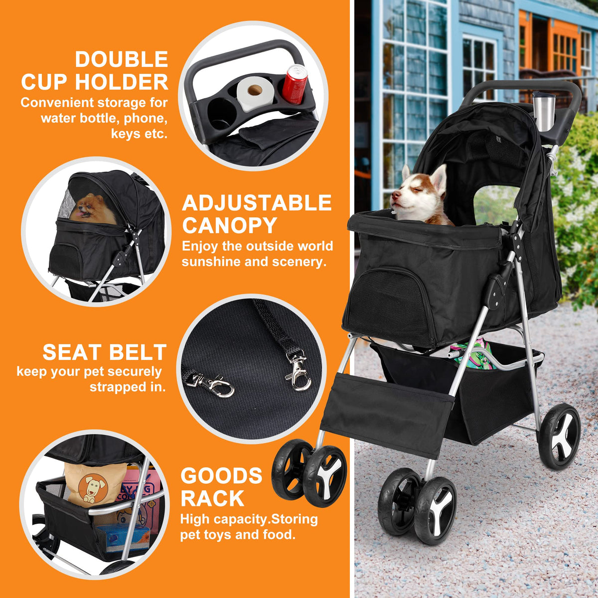 4 Wheels Foldable Pet Stroller with Storage Basket and Cup Holder R950032
