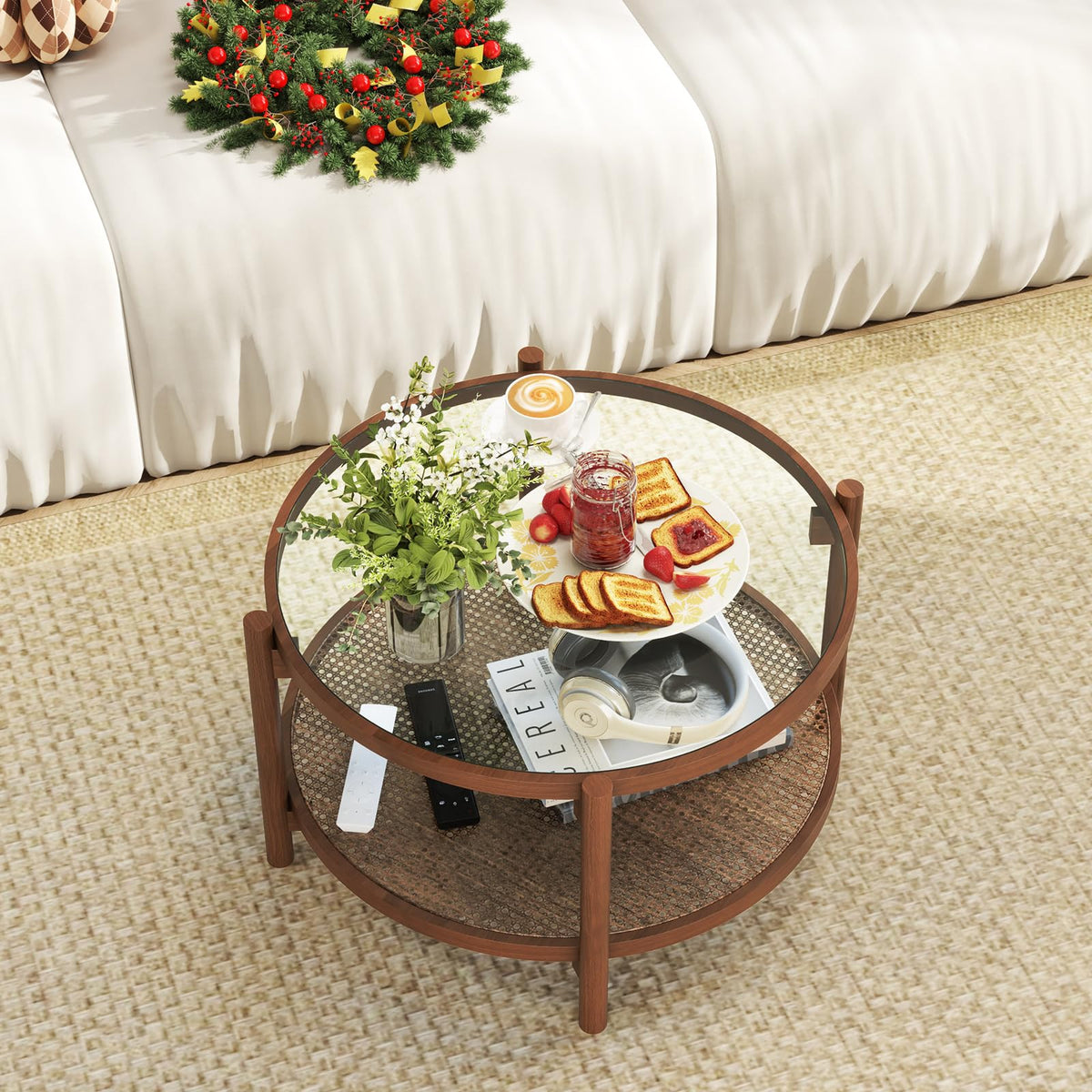 Rattan Round Glass Coffee Table with Storage Shelf U184