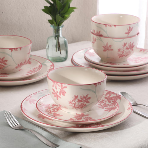 12-Piece Matte Stoneware Dinnerware Set with Pink Floral Pattern W84951