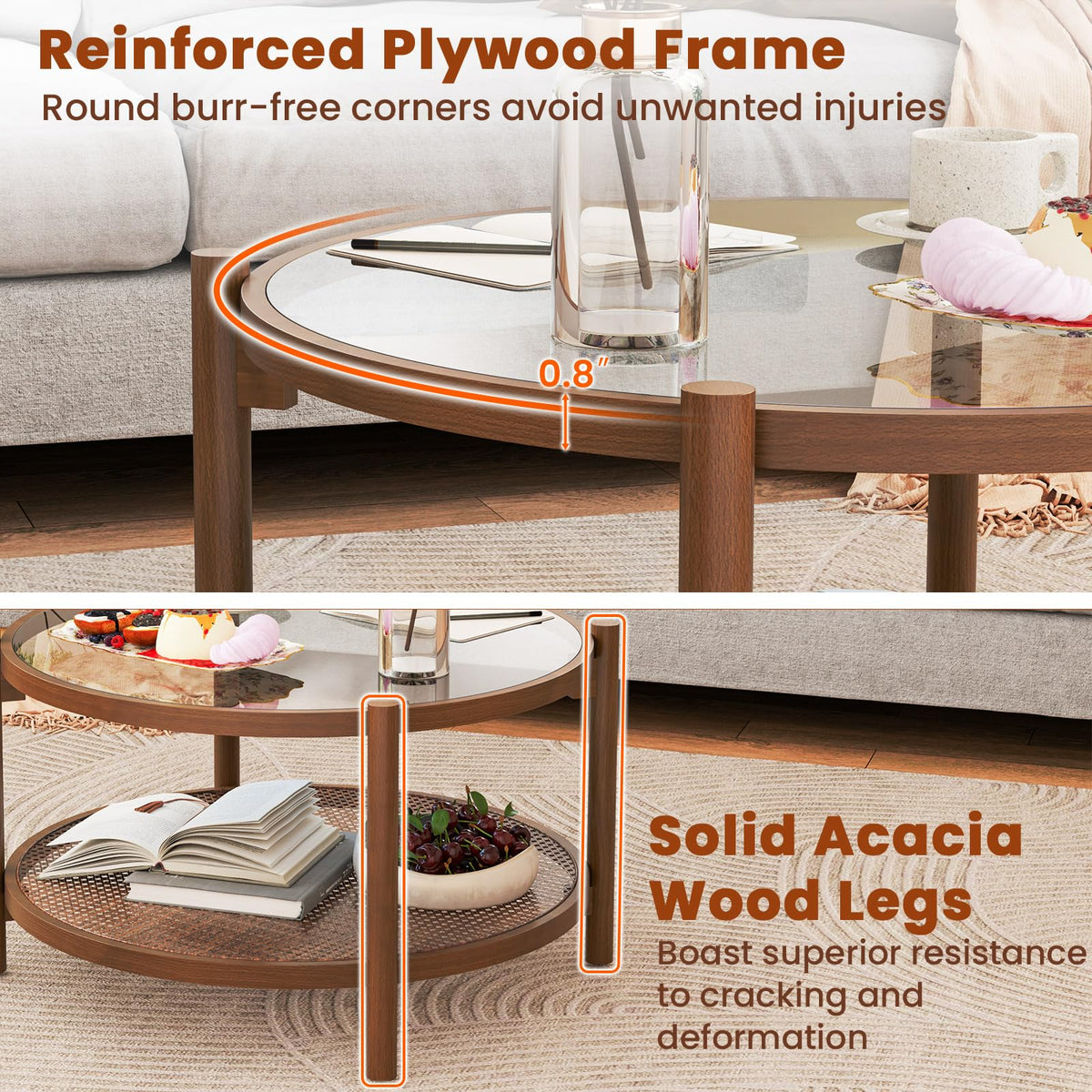 Rattan Round Glass Coffee Table with Storage Shelf U184