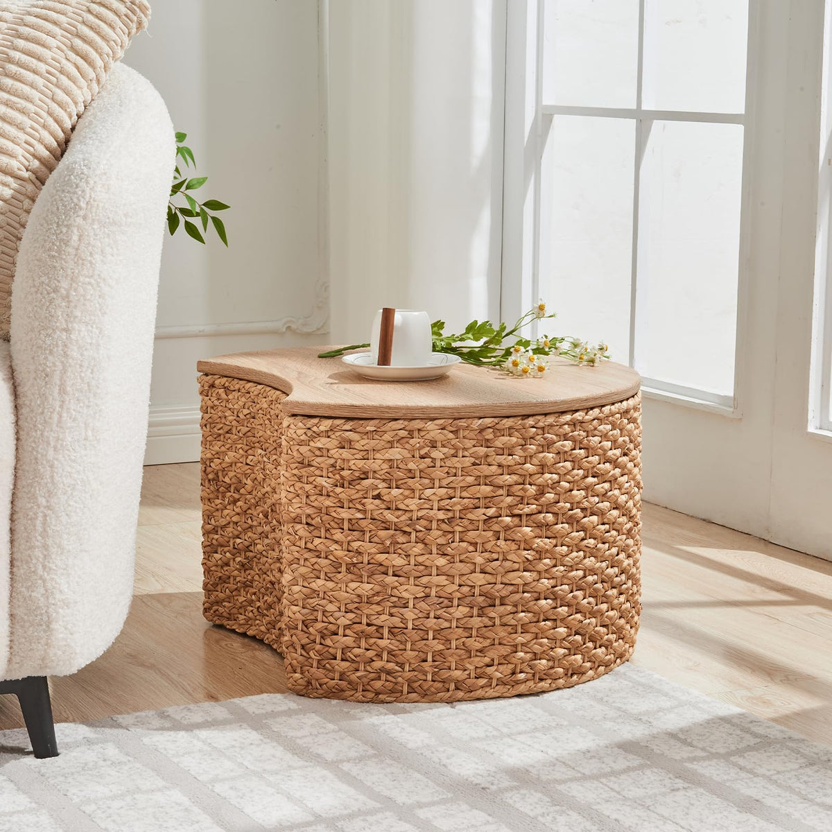 Round Nesting Coffee Table Set of 2 with Storage Wicker Rattan Wood Frame V8972