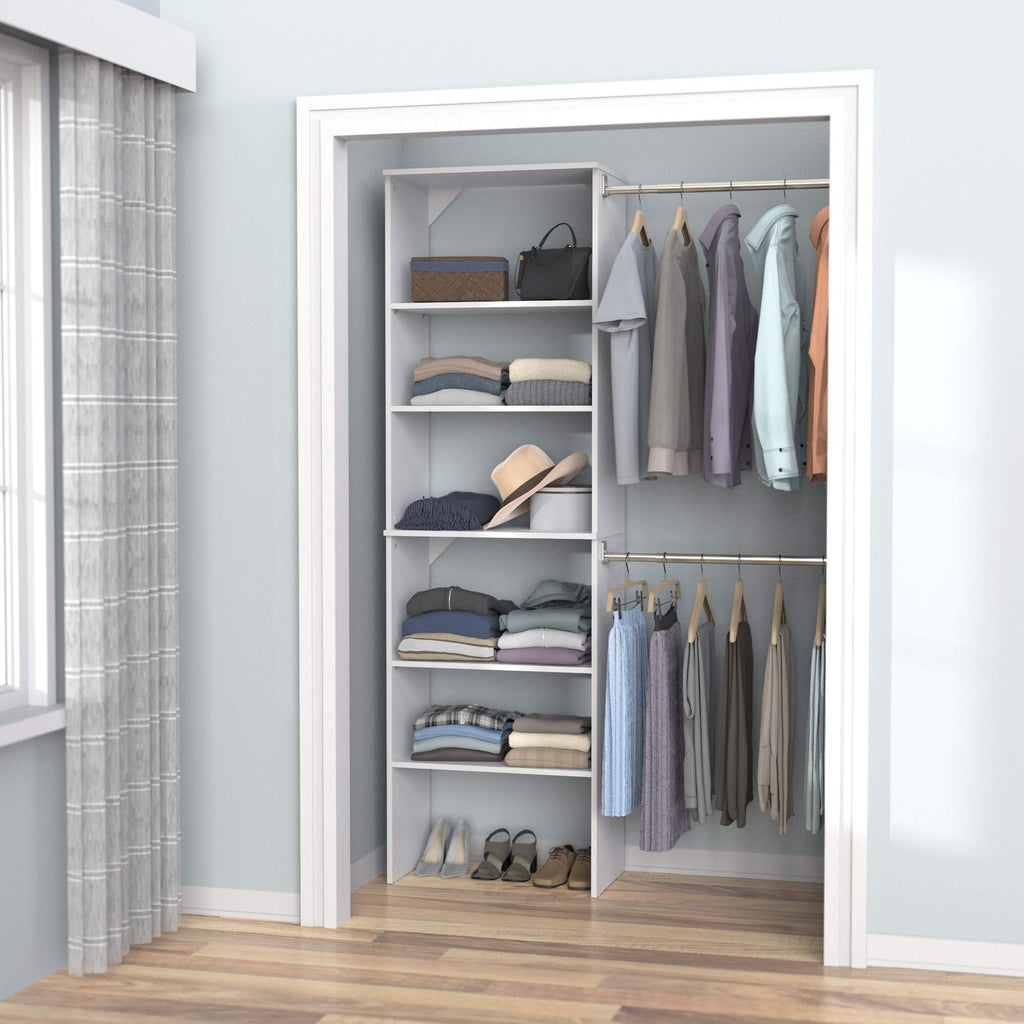 Wood Closet Organizer System with Tower and 3 Hang Rods and Shelving K480
