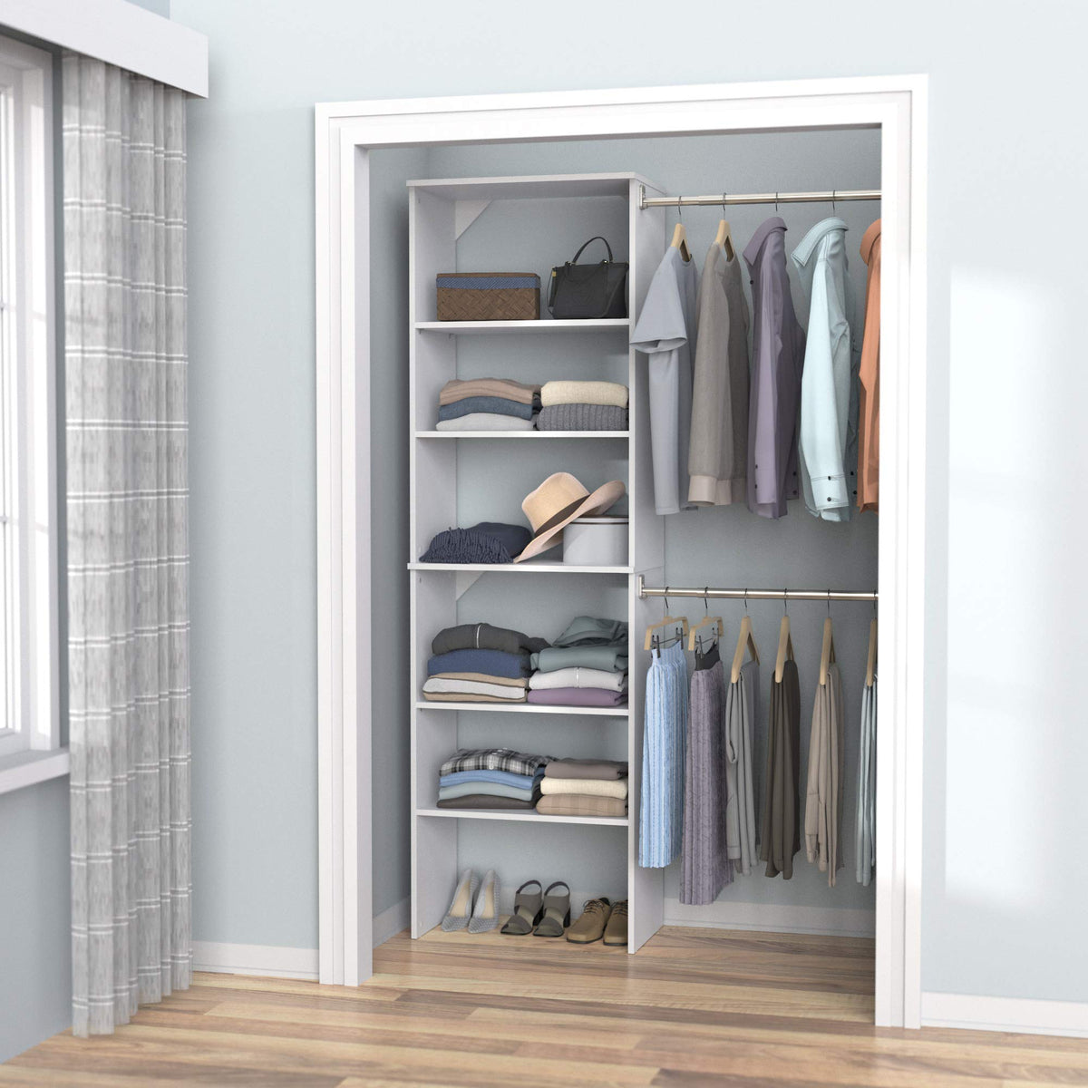Wood Closet Organizer System with Tower and 3 Hang Rods and Shelving K480