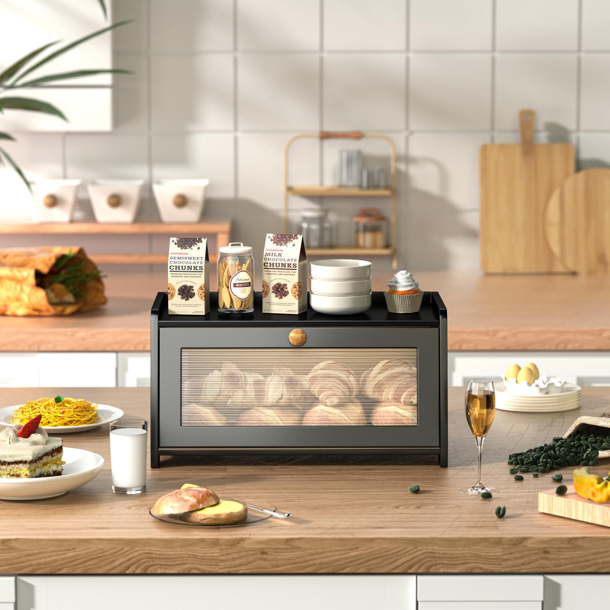 Black Wooden Bread Box W340824