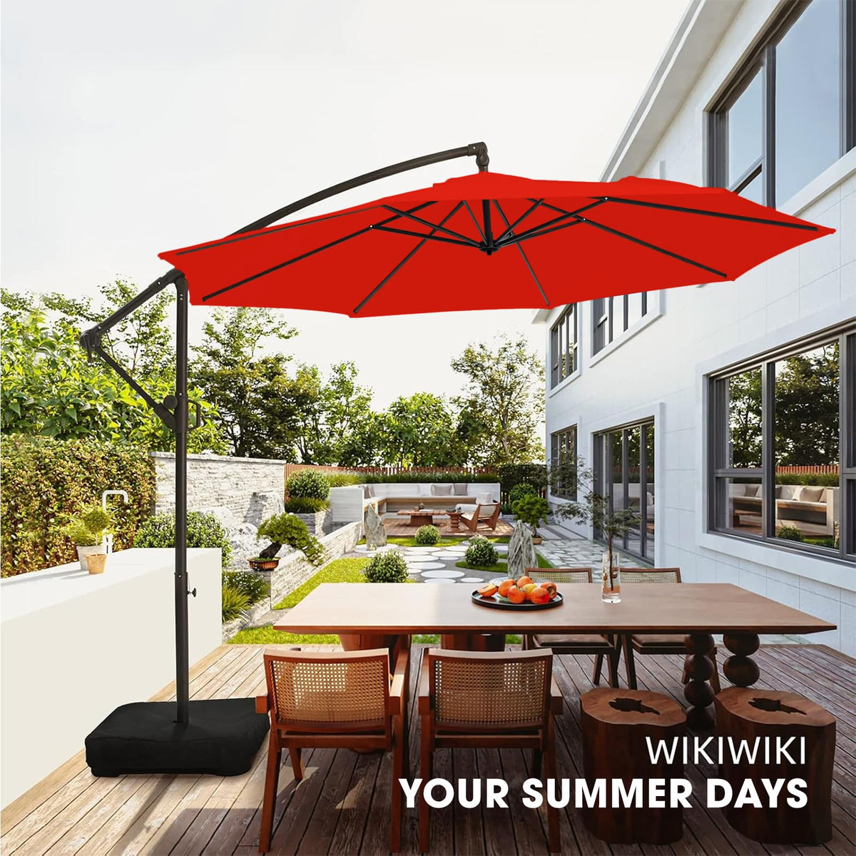 10ft Orange Red Offset Cantilever Patio Umbrella with Base S150
