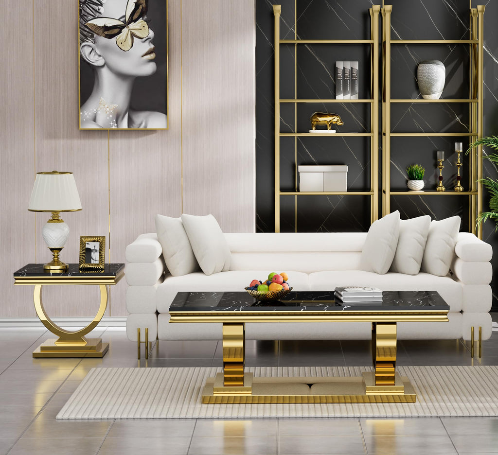 47" Black Faux Marble Coffee Table with Gold Pedestal Base S643