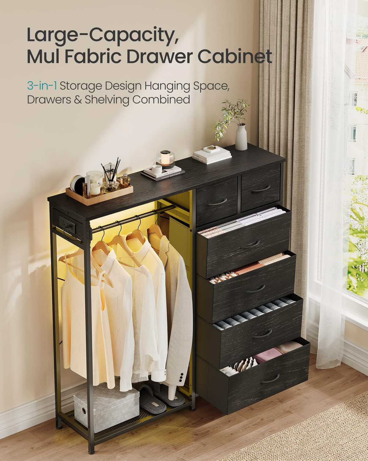 Dresser with Hanging Rod, Closet Organizer with 6 Fabric Drawers O83360