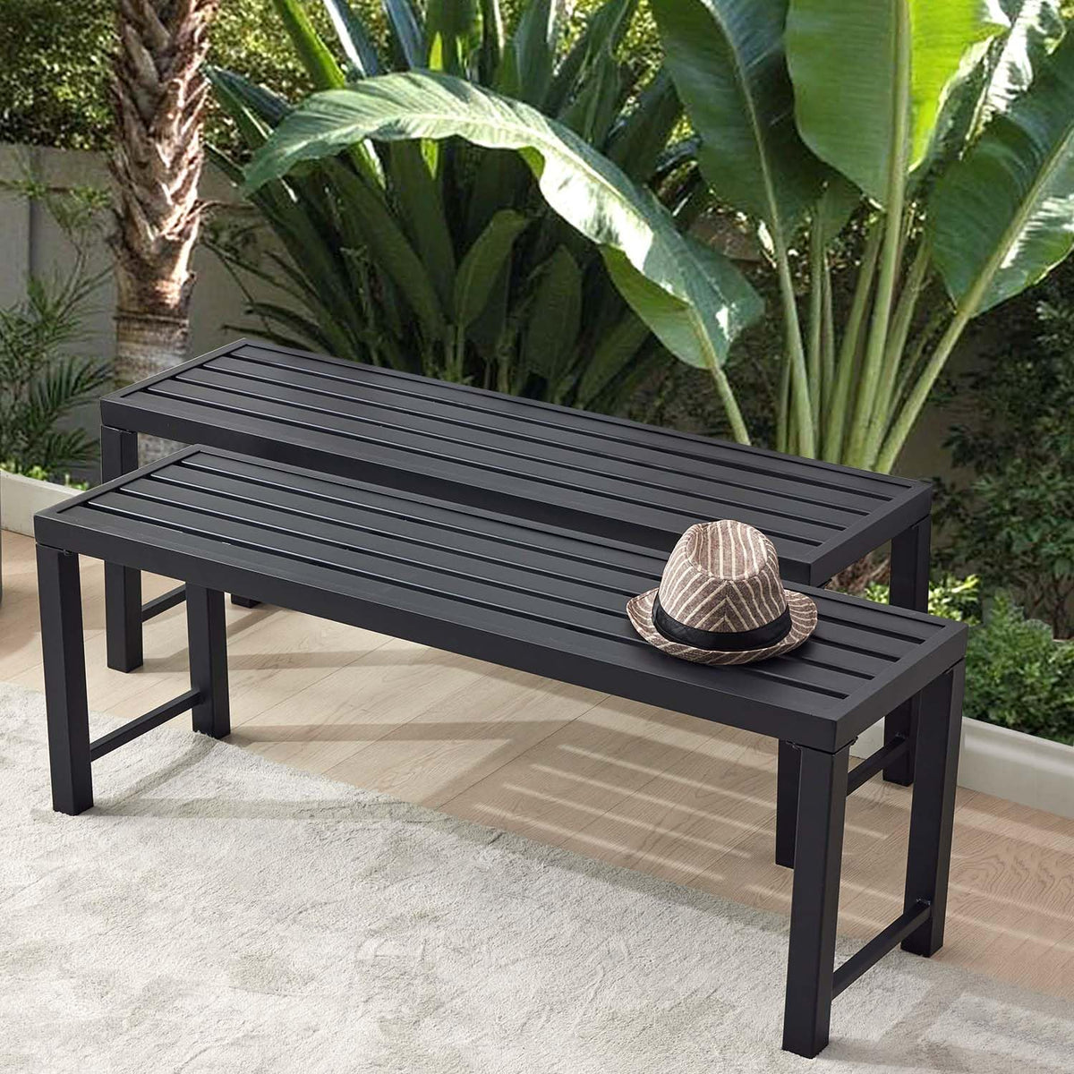 Black Set of 2 Metal Outdoor Backless Bench T33886