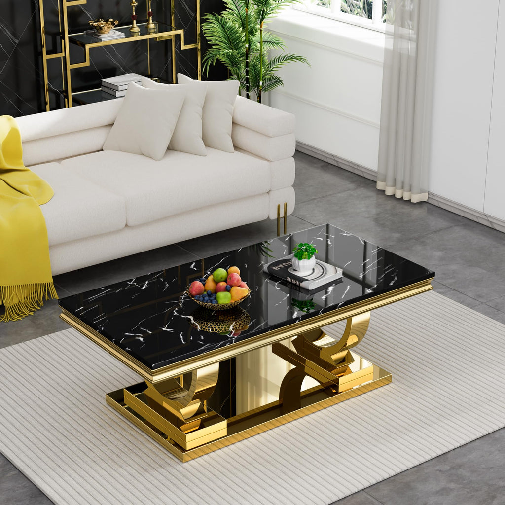 47" Black Faux Marble Coffee Table with Gold Pedestal Base S643